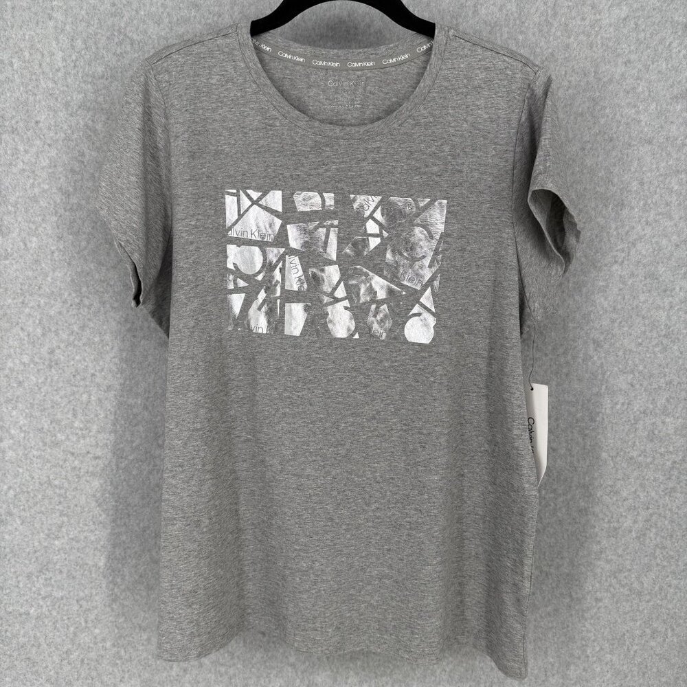 Calvin Klein Womens Graphic Logo T Shirt Size L Gray Metallic Silver Casual NEW